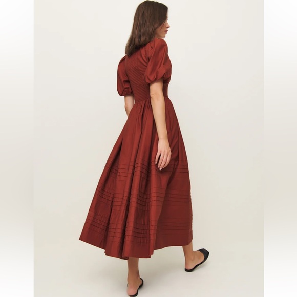 NWT Reformation Everlyn Puff Sleeve Stretch Organic Cotton Maxi Dress in rust - Picture 4 of 10